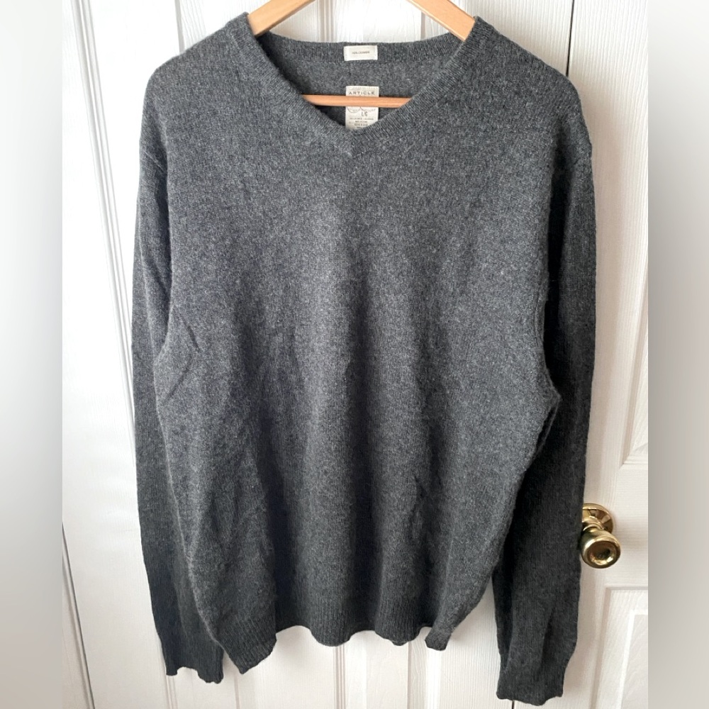 ARTICLE 365 Gray Heather 100% Cashmere V-Neck Sweater SZ L